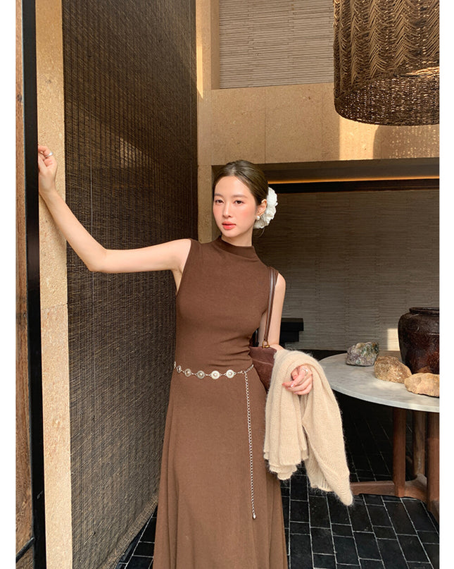 AIXILI High-Neck Draped Slim Fit Layering Dress