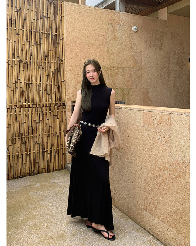 AIXILI High-Neck Draped Slim Fit Layering Dress