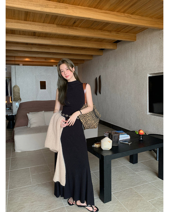 AIXILI High-Neck Draped Slim Fit Layering Dress