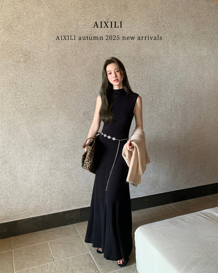 AIXILI High-Neck Draped Slim Fit Layering Dress