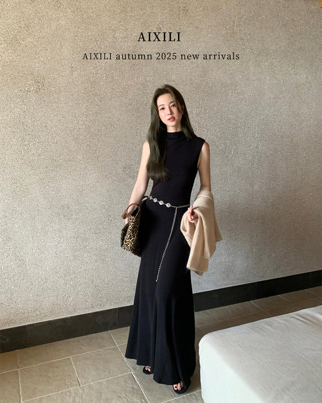 AIXILI High-Neck Draped Slim Fit Layering Dress