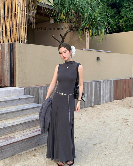 AIXILI High-Neck Draped Slim Fit Layering Dress