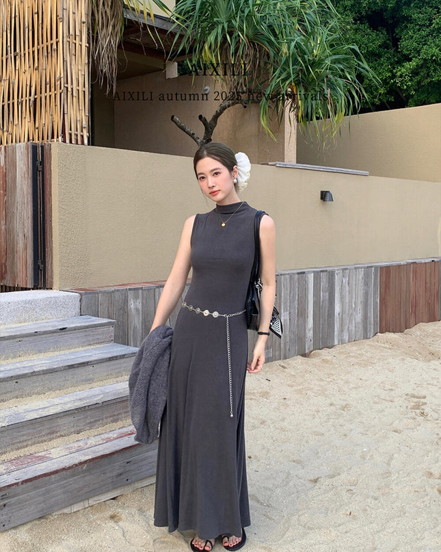 AIXILI High-Neck Draped Slim Fit Layering Dress