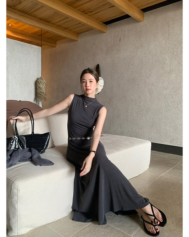 AIXILI High-Neck Draped Slim Fit Layering Dress