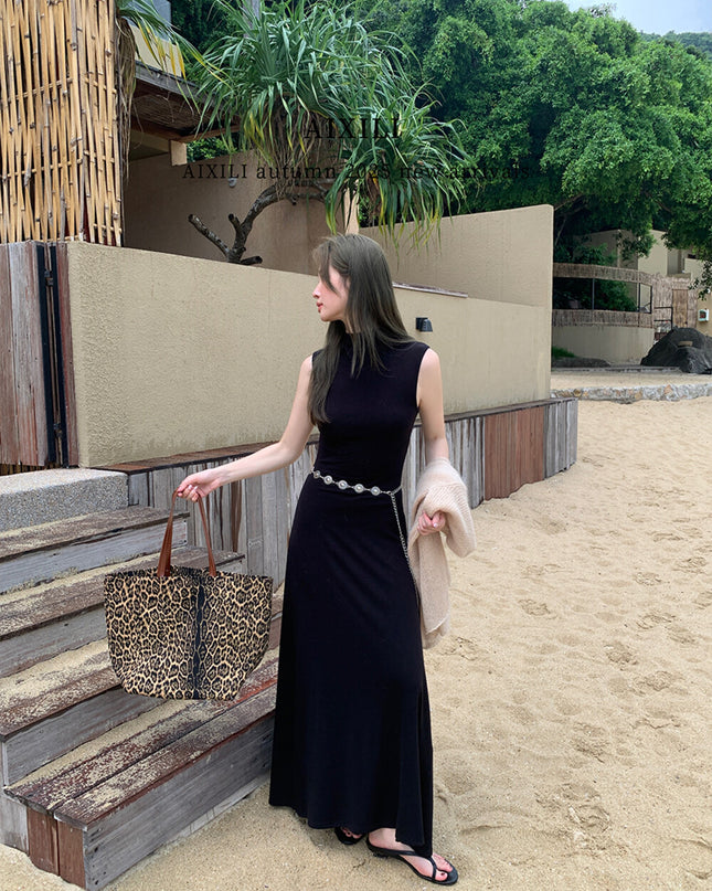 AIXILI High-Neck Draped Slim Fit Layering Dress