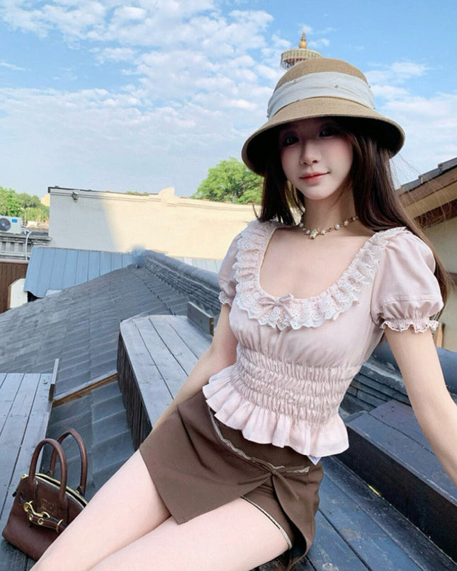 WGWE Youthful Ruffle Puff Sleeve Chiffon Blouse