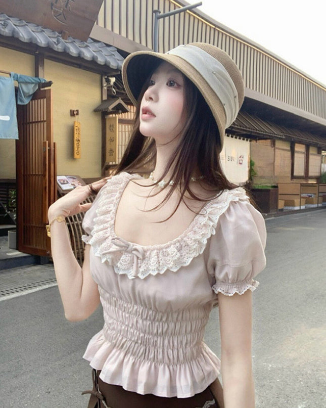 WGWE Youthful Ruffle Puff Sleeve Chiffon Blouse