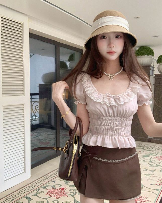 WGWE Youthful Ruffle Puff Sleeve Chiffon Blouse
