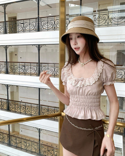 WGWE Youthful Ruffle Puff Sleeve Chiffon Blouse