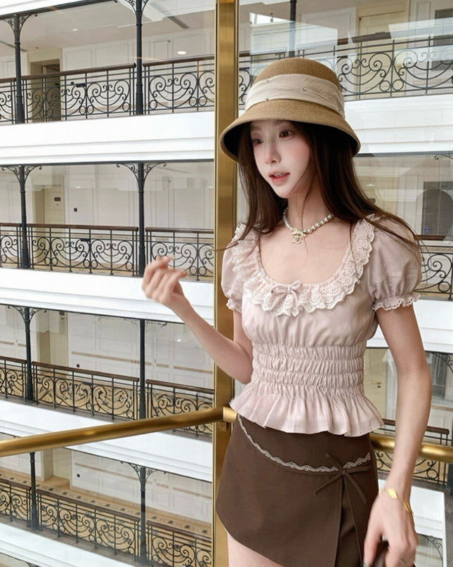 WGWE Youthful Ruffle Puff Sleeve Chiffon Blouse