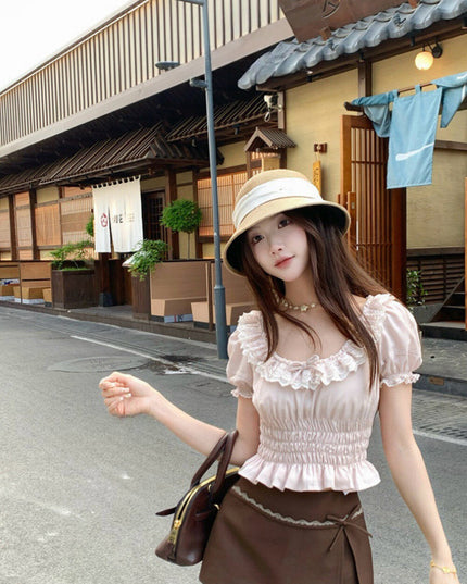 WGWE Youthful Ruffle Puff Sleeve Chiffon Blouse