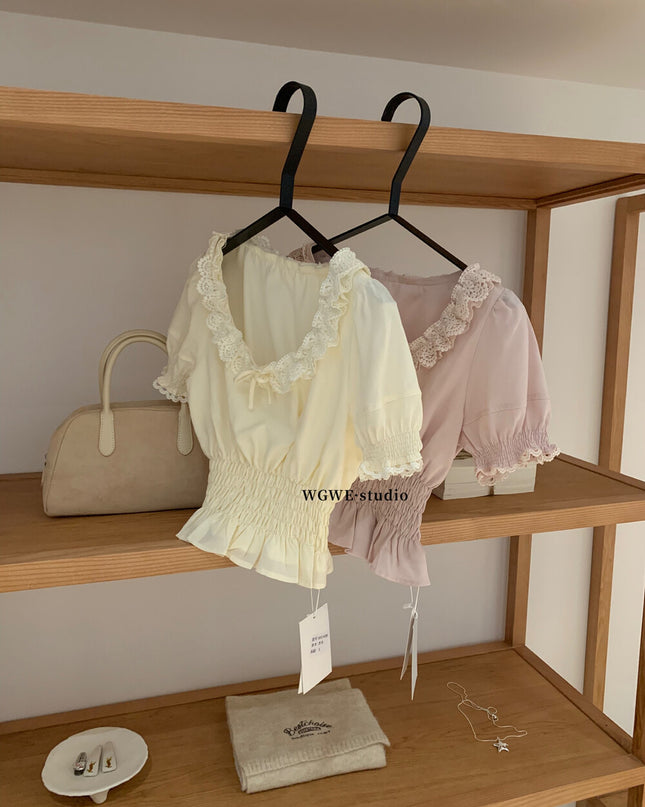 WGWE Youthful Ruffle Puff Sleeve Chiffon Blouse