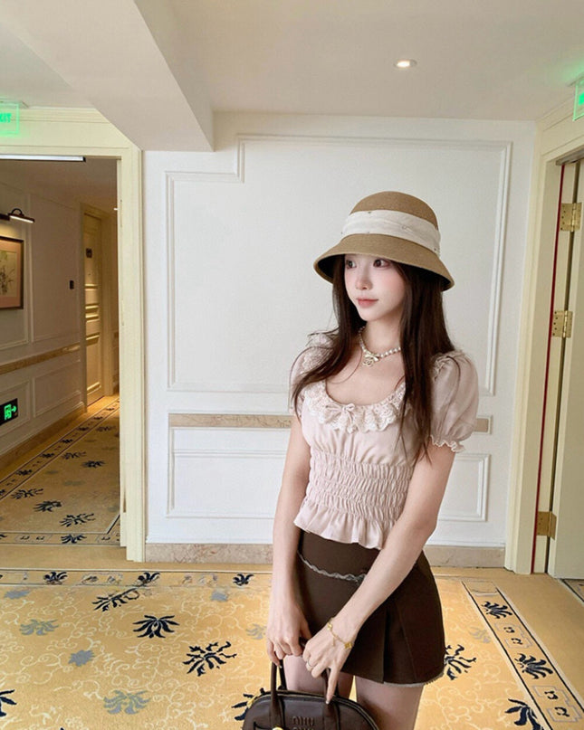 WGWE Youthful Ruffle Puff Sleeve Chiffon Blouse