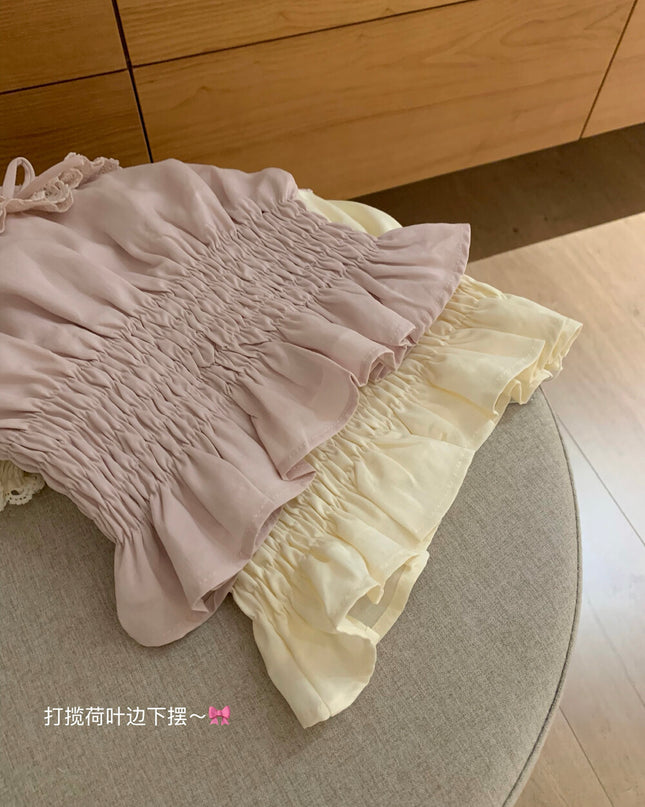 WGWE Youthful Ruffle Puff Sleeve Chiffon Blouse