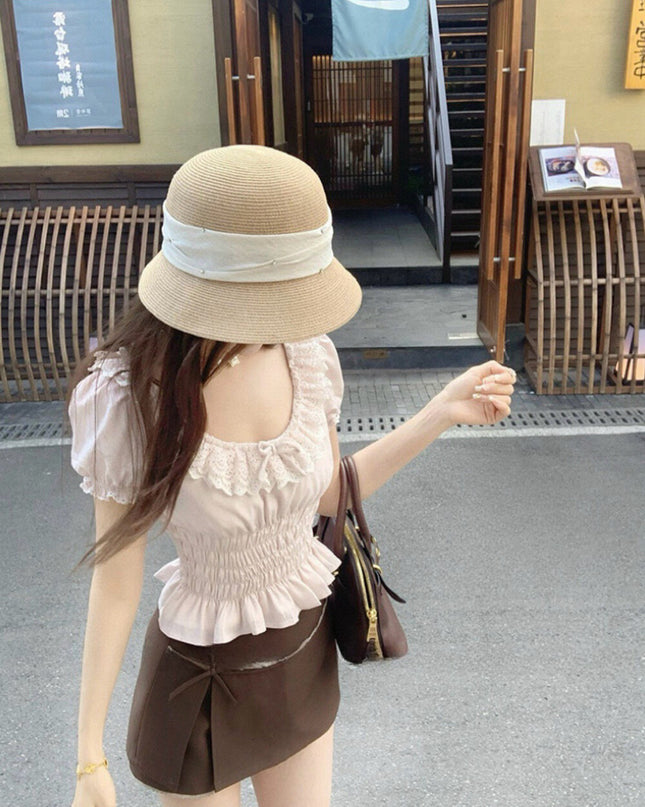 WGWE Youthful Ruffle Puff Sleeve Chiffon Blouse