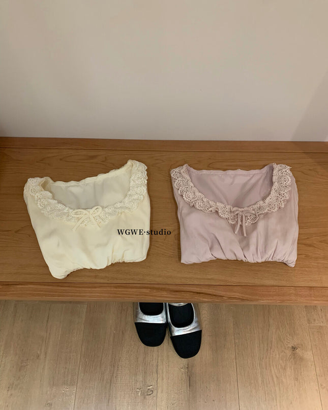 WGWE Youthful Ruffle Puff Sleeve Chiffon Blouse