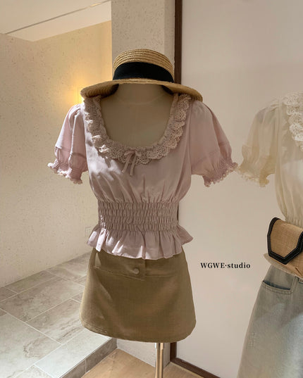 WGWE Youthful Ruffle Puff Sleeve Chiffon Blouse