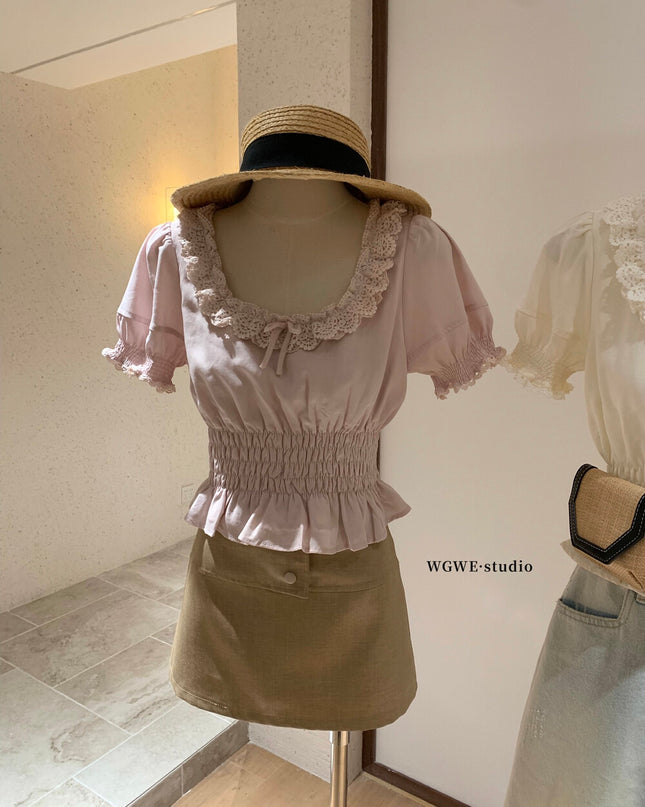 WGWE Youthful Ruffle Puff Sleeve Chiffon Blouse