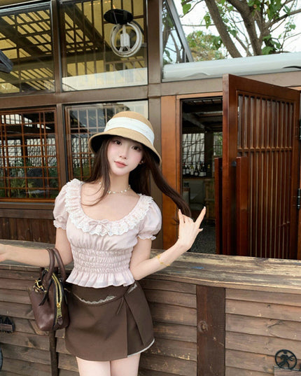 WGWE Youthful Ruffle Puff Sleeve Chiffon Blouse