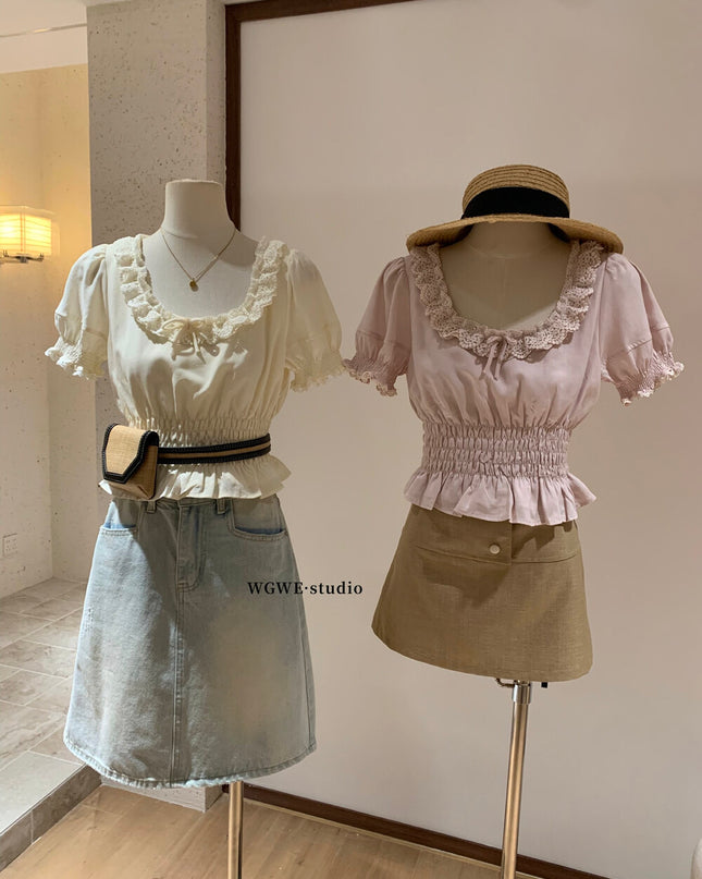 WGWE Youthful Ruffle Puff Sleeve Chiffon Blouse