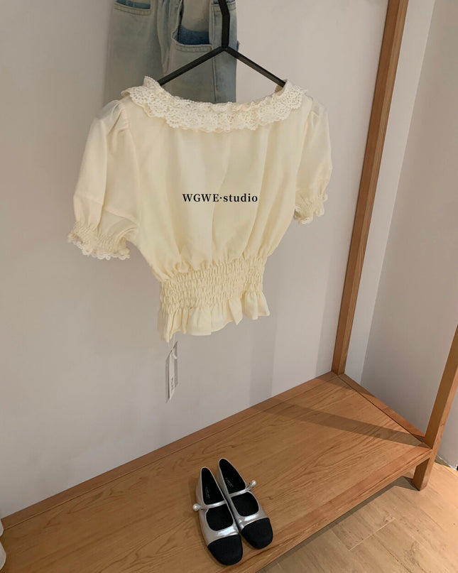 WGWE Youthful Ruffle Puff Sleeve Chiffon Blouse