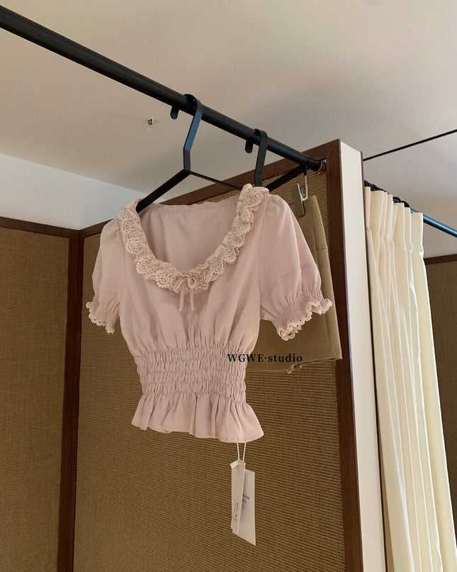 WGWE Youthful Ruffle Puff Sleeve Chiffon Blouse
