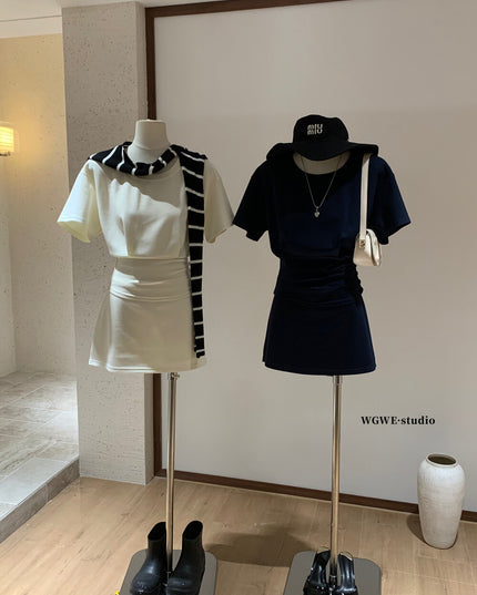 WGWE Korean Soft Knit Tee + High-Waist Skirt-Pants Set