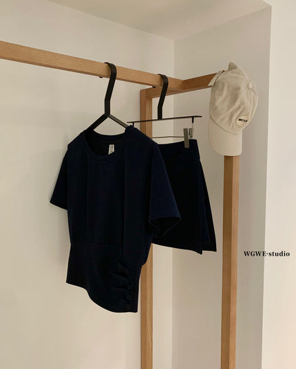 WGWE Korean Soft Knit Tee + High-Waist Skirt-Pants Set