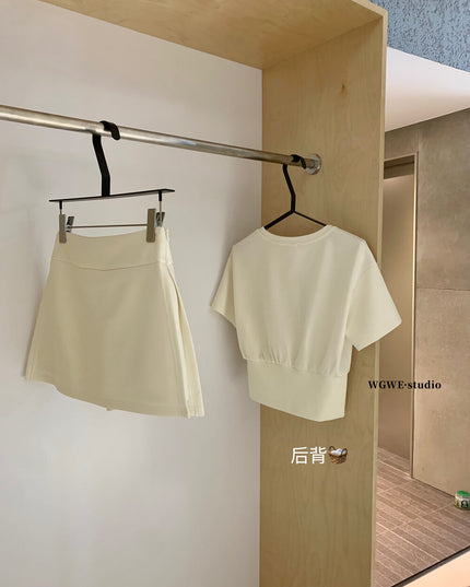 WGWE Korean Soft Knit Tee + High-Waist Skirt-Pants Set