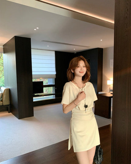 WGWE Korean Soft Knit Tee + High-Waist Skirt-Pants Set