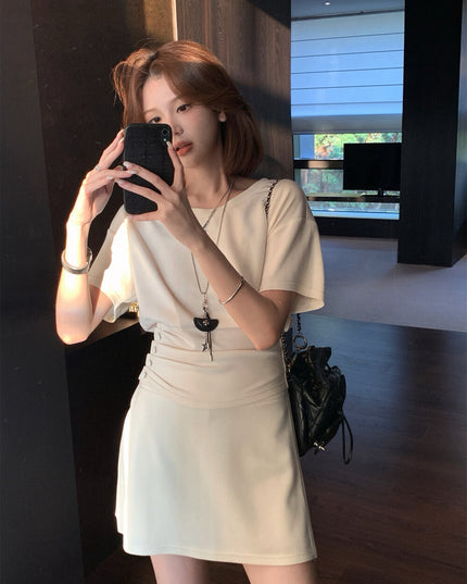 WGWE Korean Soft Knit Tee + High-Waist Skirt-Pants Set