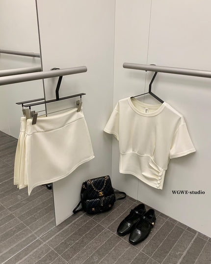 WGWE Korean Soft Knit Tee + High-Waist Skirt-Pants Set