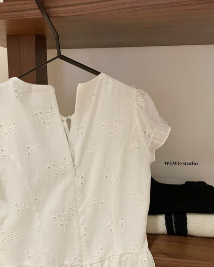 WGWE Puff Sleeve Embroidered Cutout A-Line Dress
