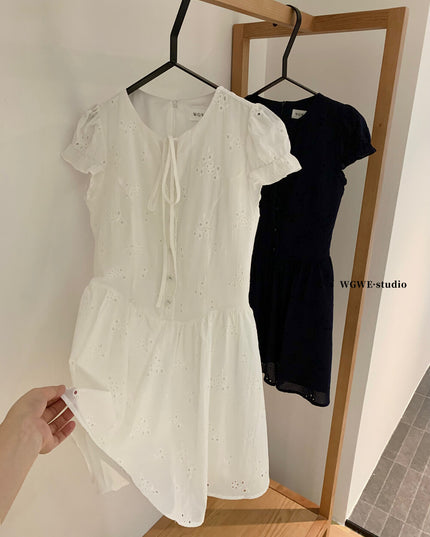 WGWE Puff Sleeve Embroidered Cutout A-Line Dress
