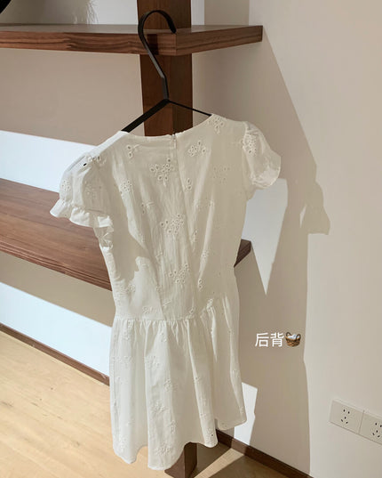 WGWE Puff Sleeve Embroidered Cutout A-Line Dress