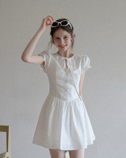 WGWE Puff Sleeve Embroidered Cutout A-Line Dress