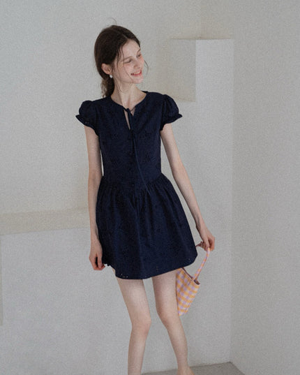 WGWE Puff Sleeve Embroidered Cutout A-Line Dress