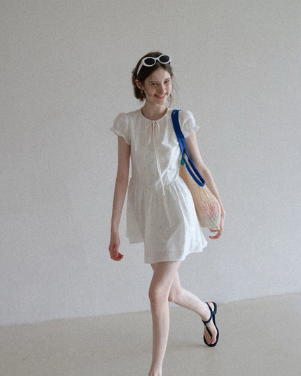 WGWE Puff Sleeve Embroidered Cutout A-Line Dress