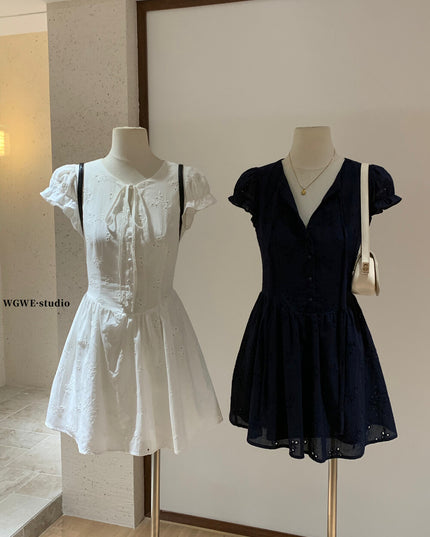 WGWE Puff Sleeve Embroidered Cutout A-Line Dress