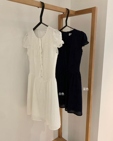 WGWE Puff Sleeve Embroidered Cutout A-Line Dress