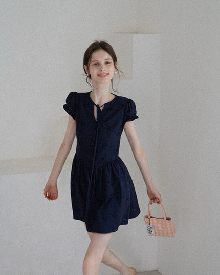 WGWE Puff Sleeve Embroidered Cutout A-Line Dress