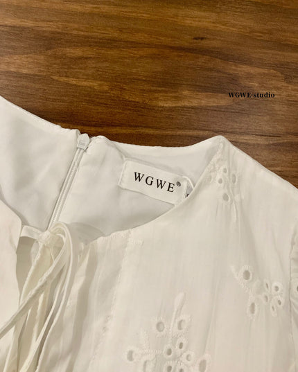 WGWE Puff Sleeve Embroidered Cutout A-Line Dress