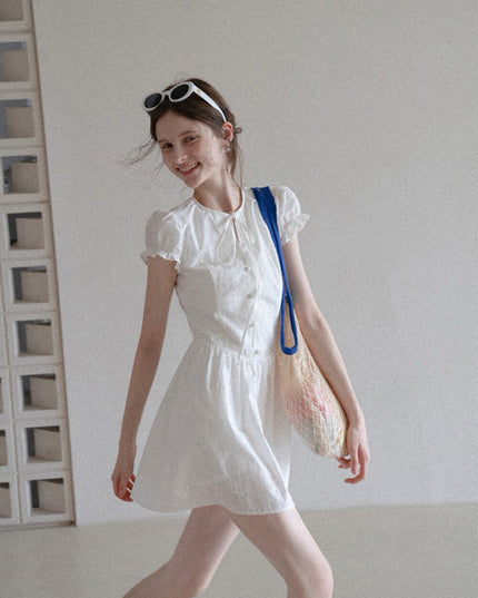 WGWE Puff Sleeve Embroidered Cutout A-Line Dress