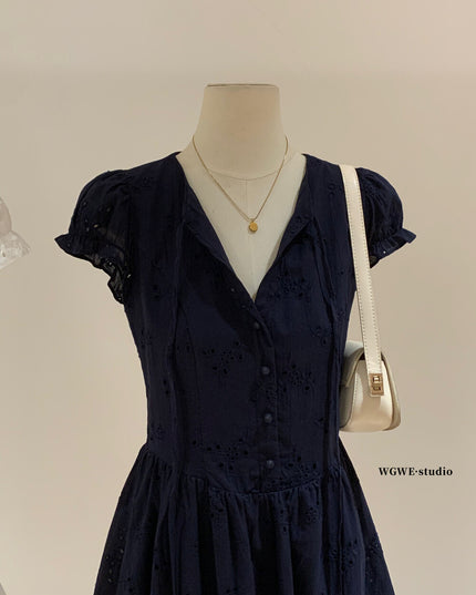 WGWE Puff Sleeve Embroidered Cutout A-Line Dress