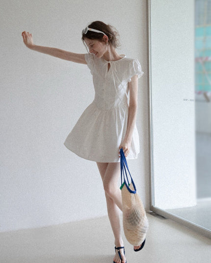 WGWE Puff Sleeve Embroidered Cutout A-Line Dress