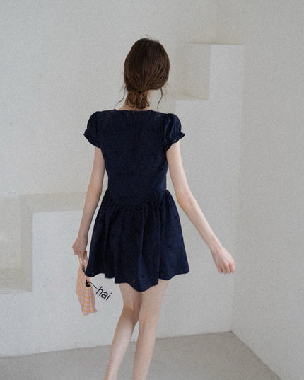 WGWE Puff Sleeve Embroidered Cutout A-Line Dress