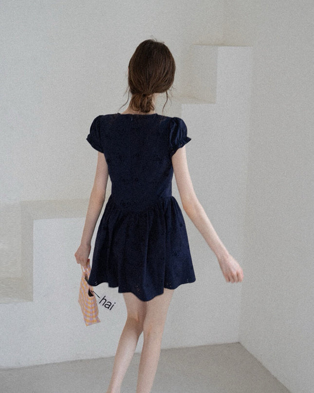WGWE Puff Sleeve Embroidered Cutout A-Line Dress