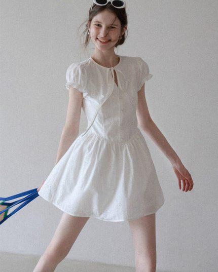 WGWE Puff Sleeve Embroidered Cutout A-Line Dress