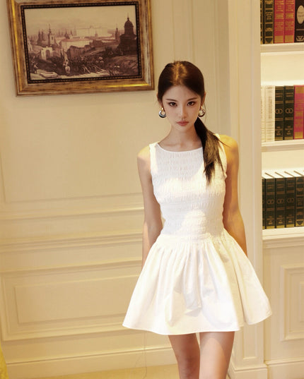 WGWE Textured Ruched Puff Cami A-Line Mini Dress