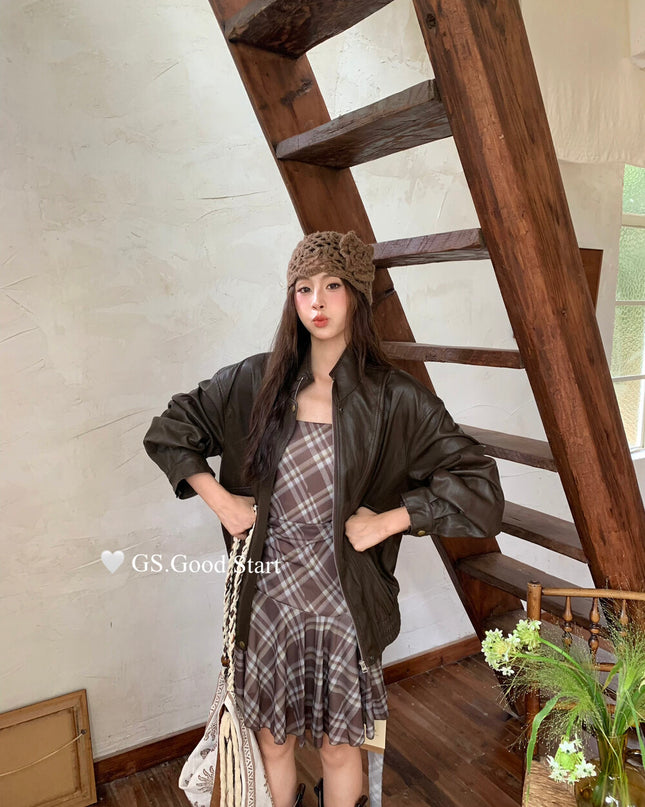 GS.GOOD START Asymmetrical Plaid Cami Dress Set